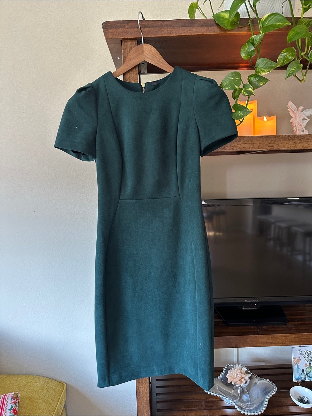 Calvin Klein Suede Short-Sleeve Sheath Dress in Deep Green